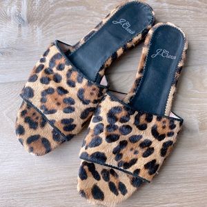 Jcrew Abbie leopard print calf hair flat slides